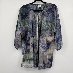 CAbi Tunic Blouse Womens Medium Blue Tie Dye Linen 5417 3/4 Sleeve Relaxed
